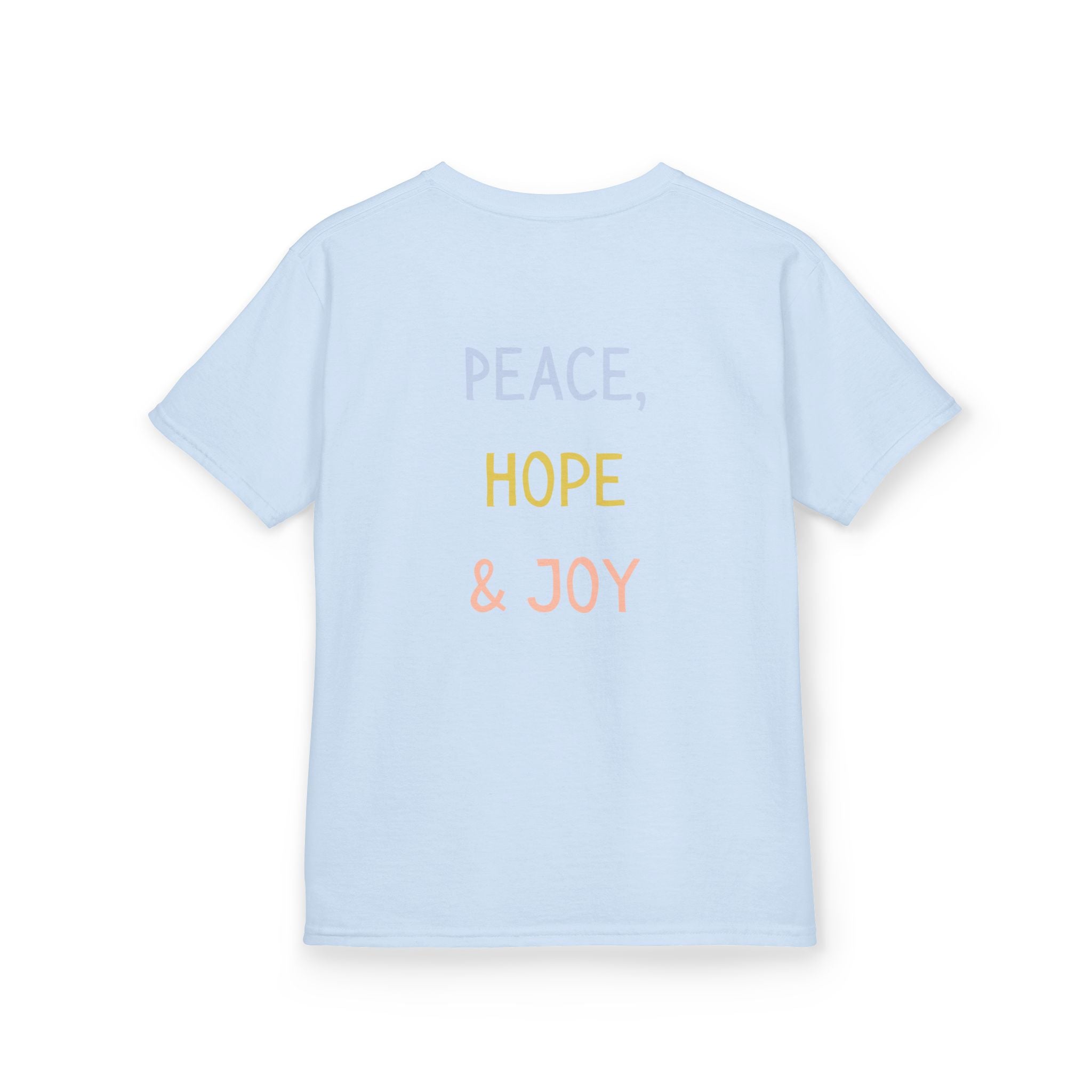 Kids Tee — Cute Good Shepherd Jesus with Lamb, “Peace, Hope & Joy” Christian Shirt