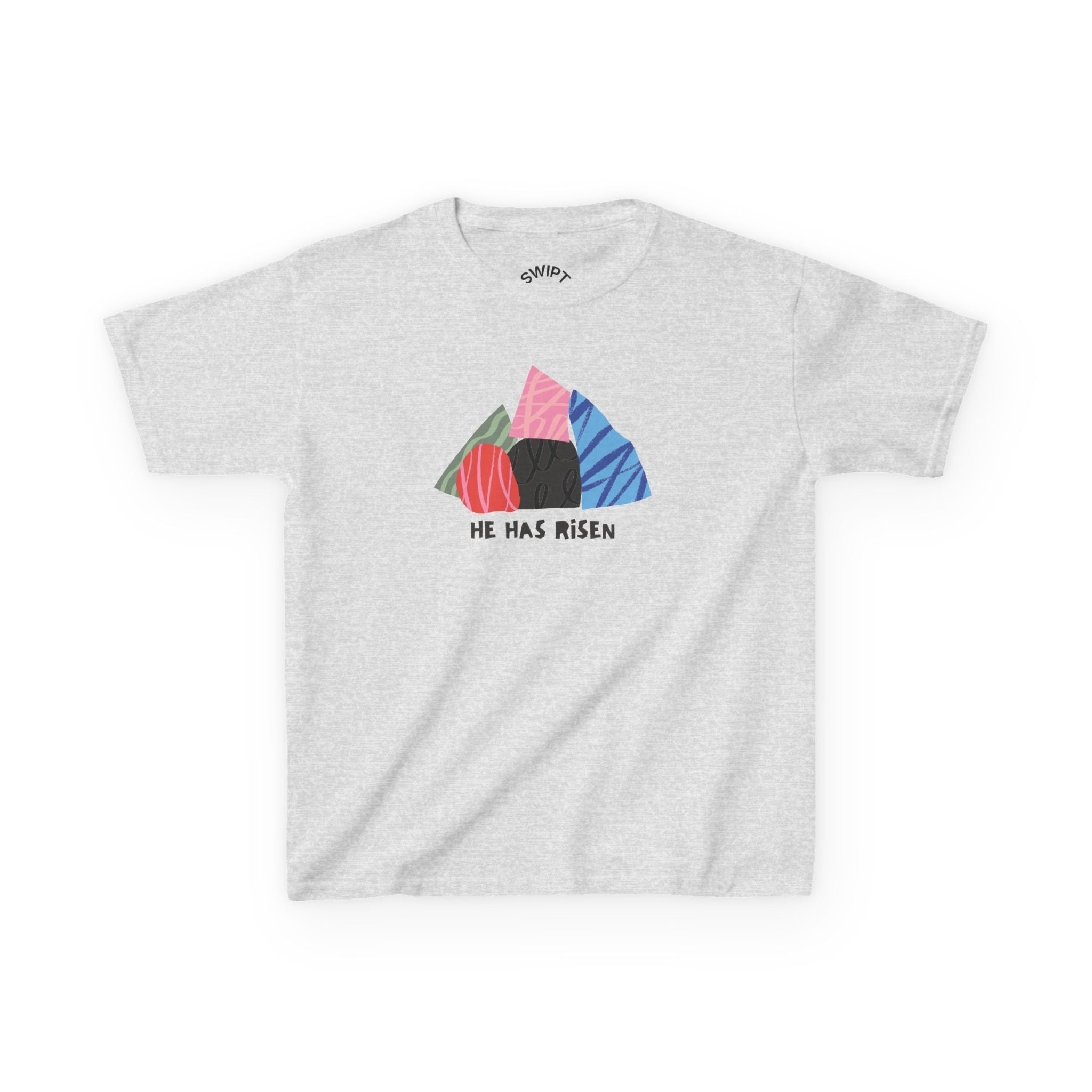 Kids Tee — Colorful Easter Tomb Design "He Has Risen"
