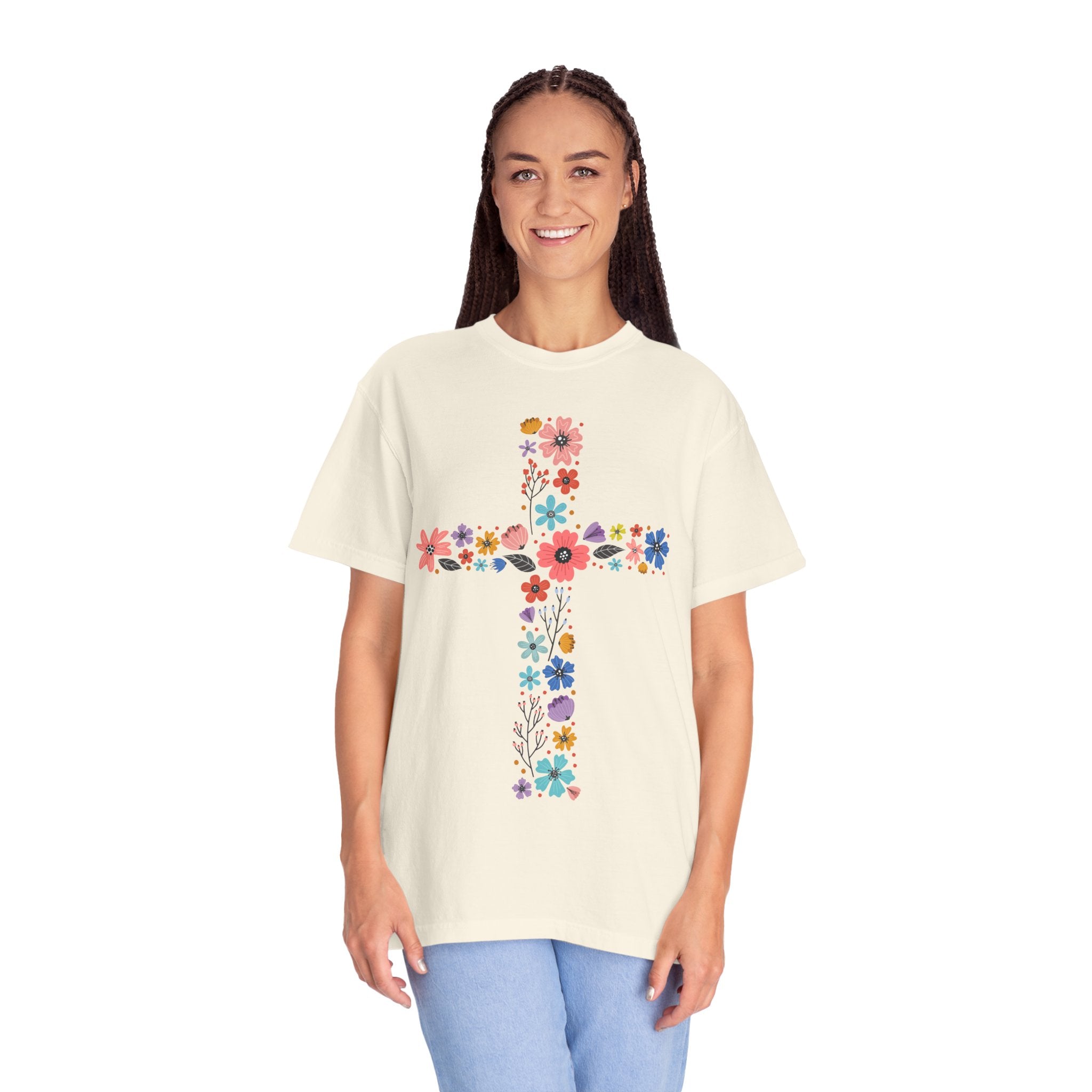 T-shirt Croix Florale — T-shirt graphique croix de fleurs colorées pour Pâques et la Foi