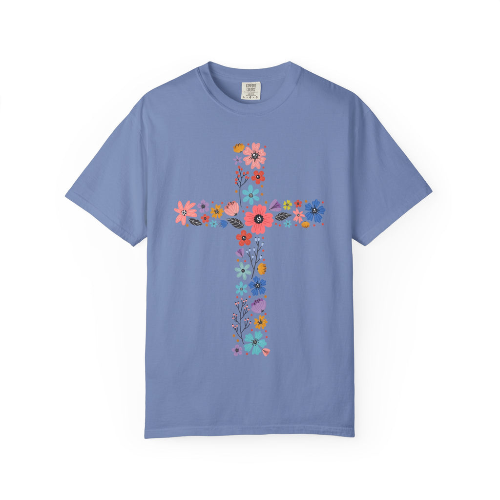 T-shirt Croix Florale — T-shirt graphique croix de fleurs colorées pour Pâques et la Foi